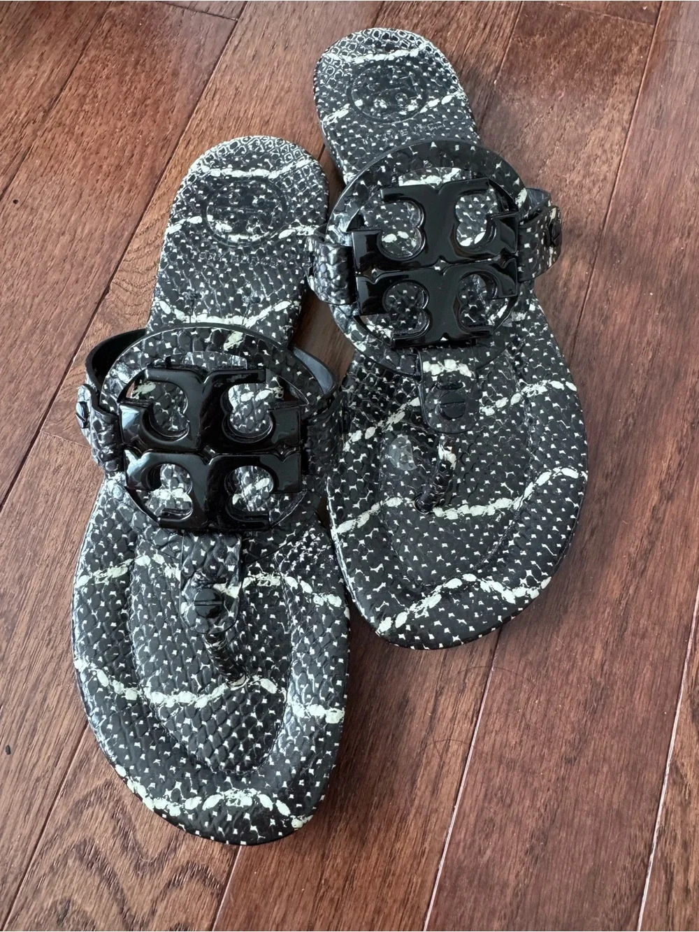 Tory Burch Black Snake-Print Logo Thong Sandals